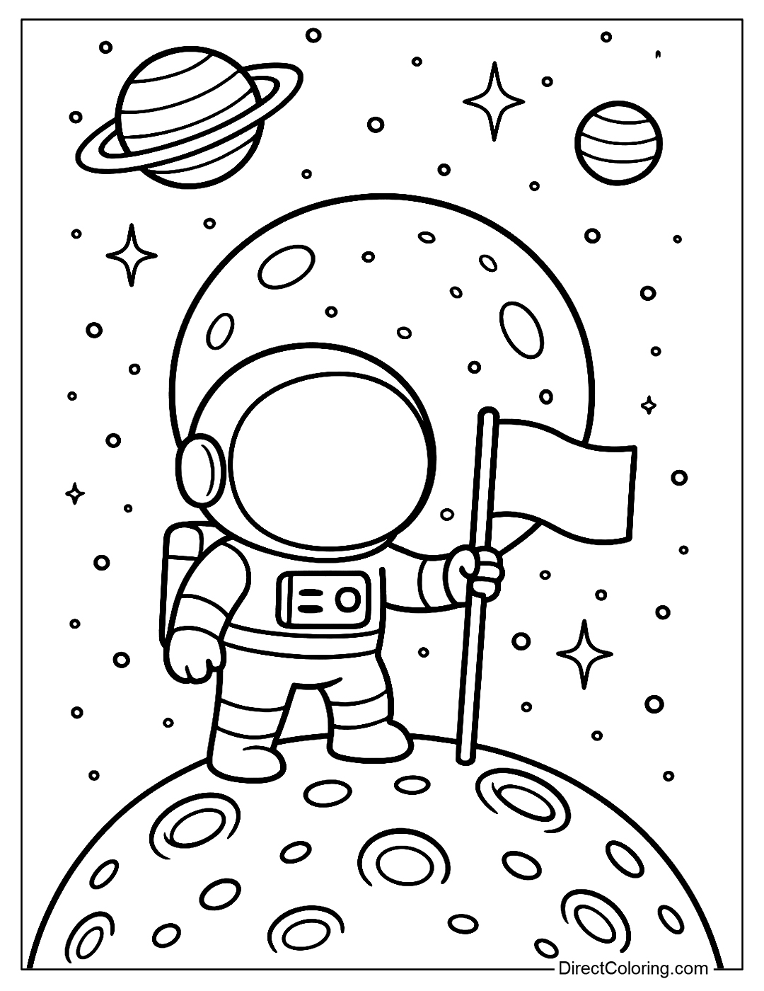 A little astronaut coloring page planting a flag on the moon, with a vast universe in the background.